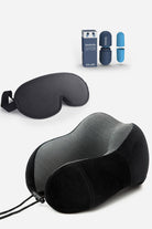 Travel Comfy Kit with memory foam neck pillow, blackout eye mask, and noise-blocking earplugs for ultimate travel comfort.
