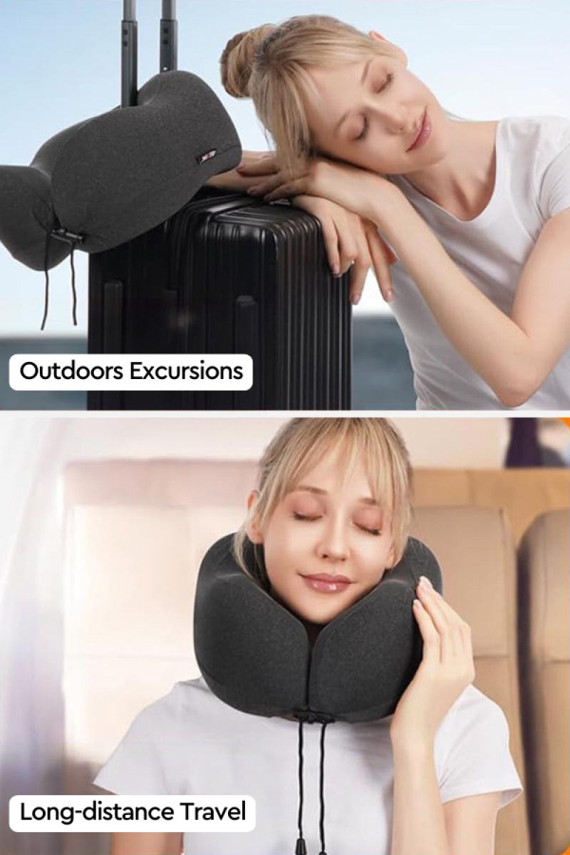 Travel Comfy Kit memory foam neck pillow, blackout eye mask, and noise-blocking earplugs for restful travel