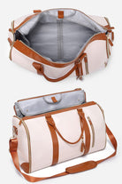 No-wrinkle foldable travel bag with waterproof PU leather, spacious interior, and brown straps.