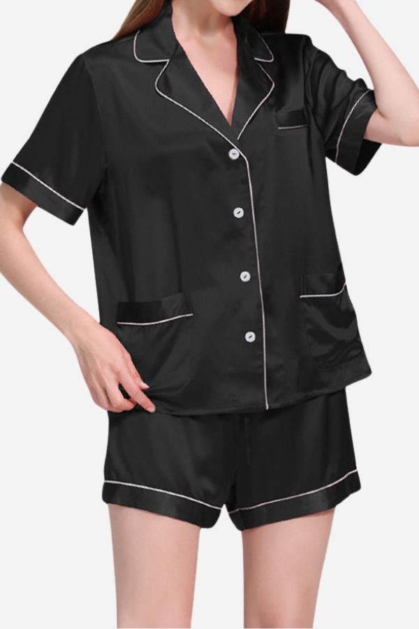 Black Mulberry Silk buttoned short pajama set with white piping and short sleeves