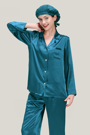 Classic Mulberry Silk Pajama Set with Sleep Cap