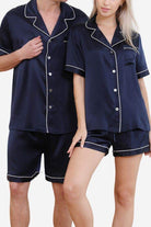 Mulberry Silk Couples Pajamas navy blue matching set with white piping, breathable and soft silk fabric for comfort and style