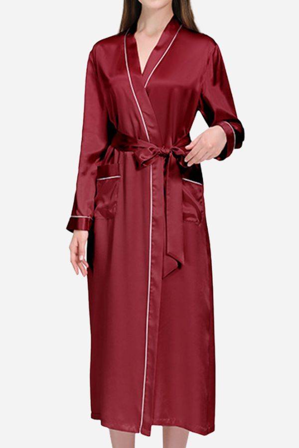 100 Mulberry Silk belted classy nightgown in burgundy with pockets and long sleeves