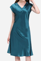 Teal Mulberry Silk V-Neck Nightgown with short sleeves and flowing silhouette, made of 100% breathable silk for cool, comfortable nights.