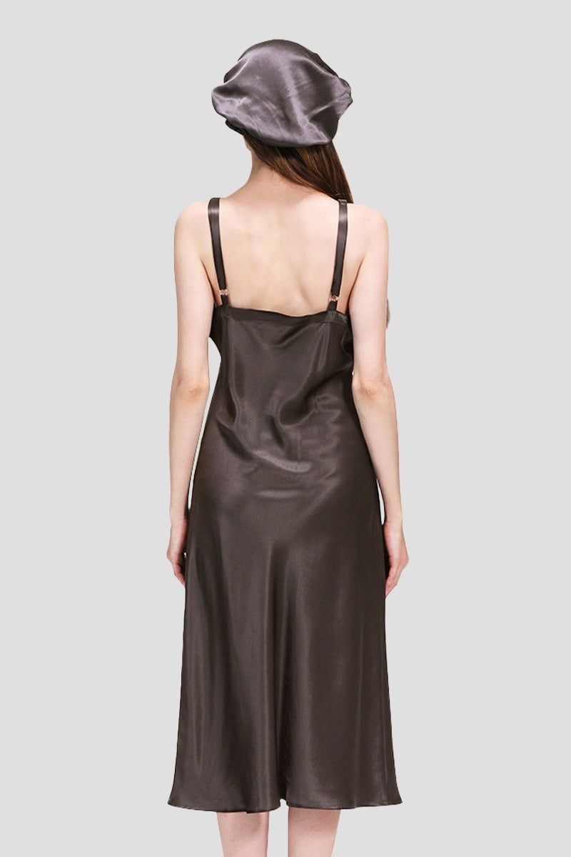 Back view of a woman wearing a brown Mulberry Silk Elegant Night Dress and matching silk cap