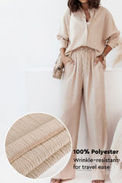 Beige professional two-piece set for women, wrinkle-resistant polyester travel outfit with modern relaxed fit.