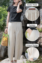 Woman wearing beige Ramie Linen Cotton Pants with elastic waist, pockets, and unique cuff design outdoors