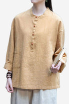 One size ramie linen and cotton blouse with long sleeves and front buttons in beige tone