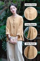 Woman wearing beige ramie linen & cotton blouse with button detail, long sleeves, and side pocket