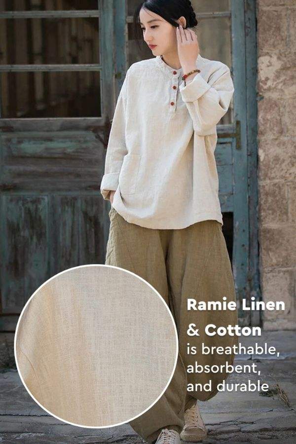 Woman wearing breathable Ramie Linen & Cotton blouse with close-up fabric texture, ideal for all-day comfort and durability