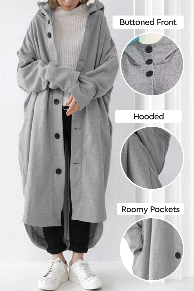 Oversized Everyday Buttoned Hooded Coat in gray with buttoned front, roomy pockets, and relaxed hood for lightweight, breathable travel comfort.