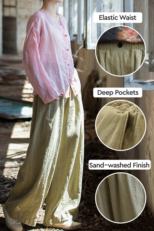 Woman wearing loose sandwashed ramie linen pants with elastic waist and deep pockets in natural light