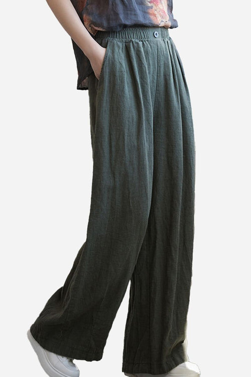Sandwashed ramie linen loose fit breathable green pants for women