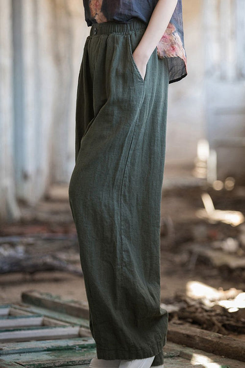 Olive green sandwashed ramie linen relaxed fit pants with elastic waistband and pockets