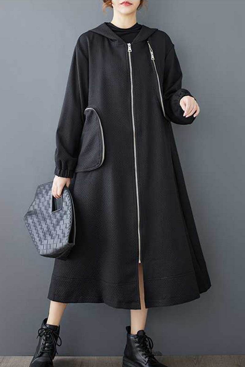 Black ZipLine Oversized Long Coat with zippered pockets and A-line silhouette, lightweight and travel-friendly.