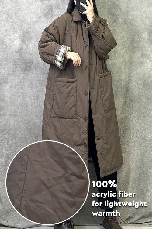 Plus size oversized windbreaker parka in brown with large pockets, long sleeves, and lightweight 100% acrylic fiber fabric for warmth.