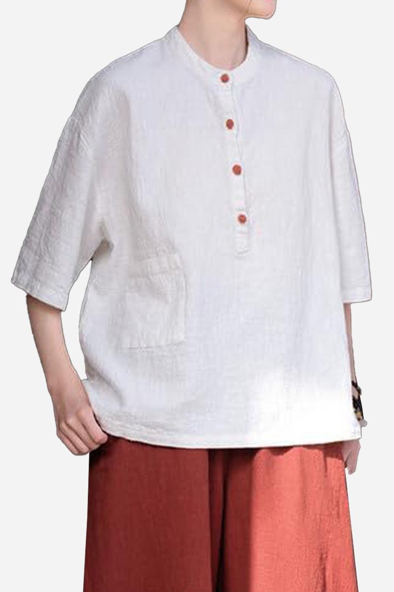 One size fits all breathable ramie linen and cotton shirt with relaxed fit and button details