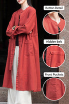 Oversized casual loose ramie linen cardigan with button detail, hidden belt, and front pockets in rust color