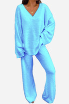 Travel-Ease Two-Piece Set soft blue cozy V-neck top and relaxed pants travel outfit