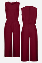 Pure Cotton minimal confidence two-piece set sleeveless burgundy jumpsuit front and back view