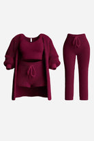 Cloud Soft 4-Piece set with burgundy knit cardigan, crop top, shorts, and pants for cozy, stylish comfort