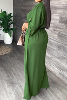 Green All-Day Drape Dress with adjustable waist tie and front slit for stylish comfort