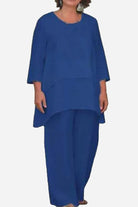 Blue loose drape two-piece set with oversized top and relaxed pants for stylish comfort