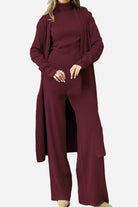 One size fits all burgundy three-piece collection with cardigan, top, and pants in soft, wrinkle-resistant fabric