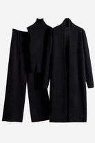 Black premium three-piece collection with cardigan, sleeveless top, and pants in one-size-fits-all design