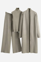 One size fits all premium three-piece collection with taupe ribbed turtleneck, wide-leg pants, and open-front cardigan in soft viscose-polyester blend