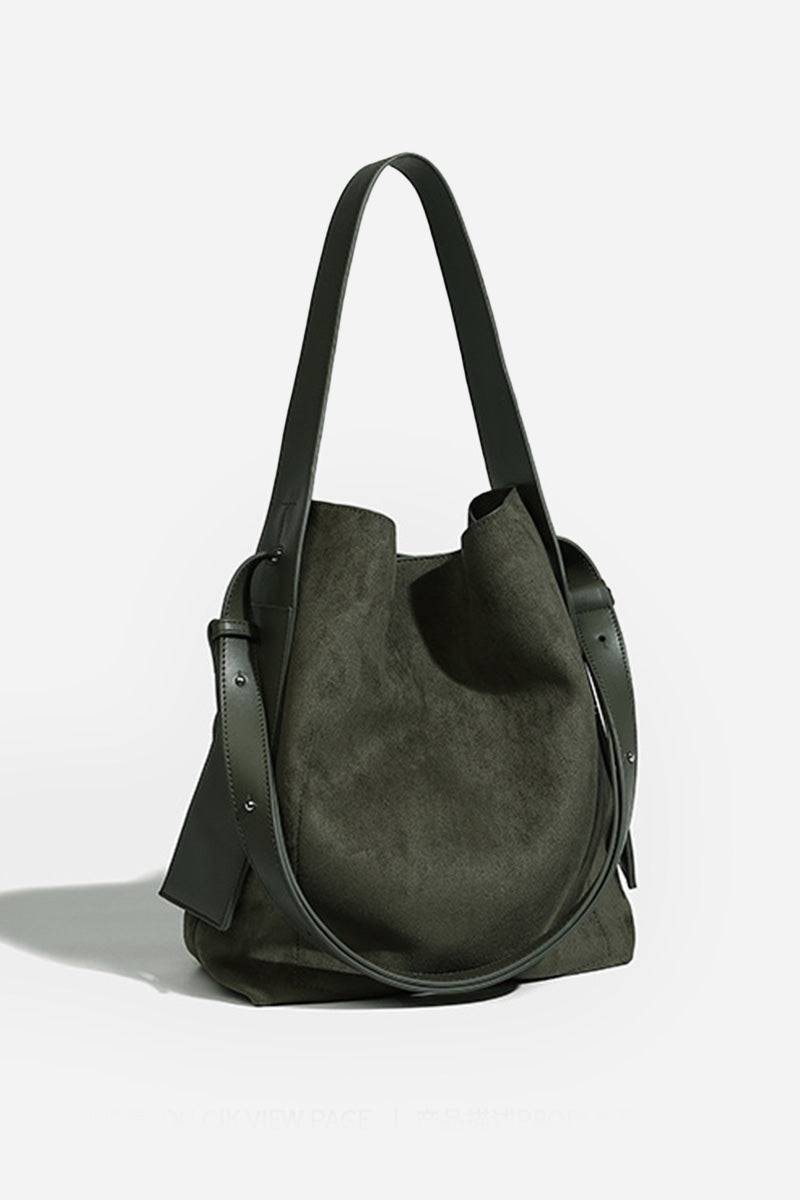 Vintage Charm Bag in dark suede with dual-length straps for versatile carrying and spacious, stylish design