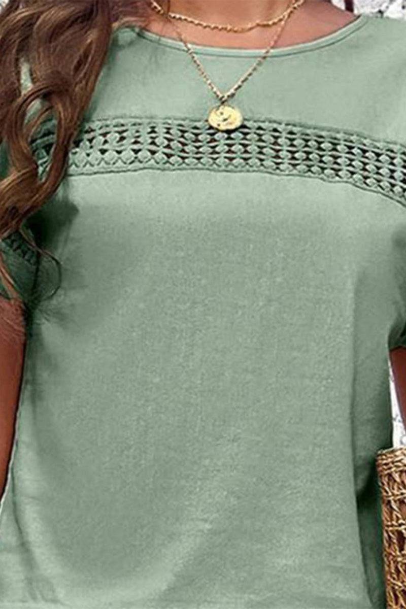 Green 100% cotton breathable top with lattice detail, part of total comfort two-piece set