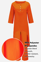 Orange breathable and featherlight loungewear set with 95% polyester and 5% spandex, wrinkle-resistant and stretchy fabric.