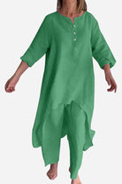 Breathable & featherlight green two-piece lounge set with relaxed fit and buttoned neckline