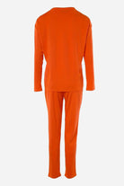 Back view of vibrant orange cotton two-piece set with long sleeves and pants, breathable and comfortable fabric.