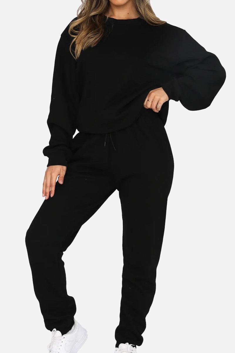Classic Comfort Athleisure black stretchy two-piece set with sweatshirt and joggers for women