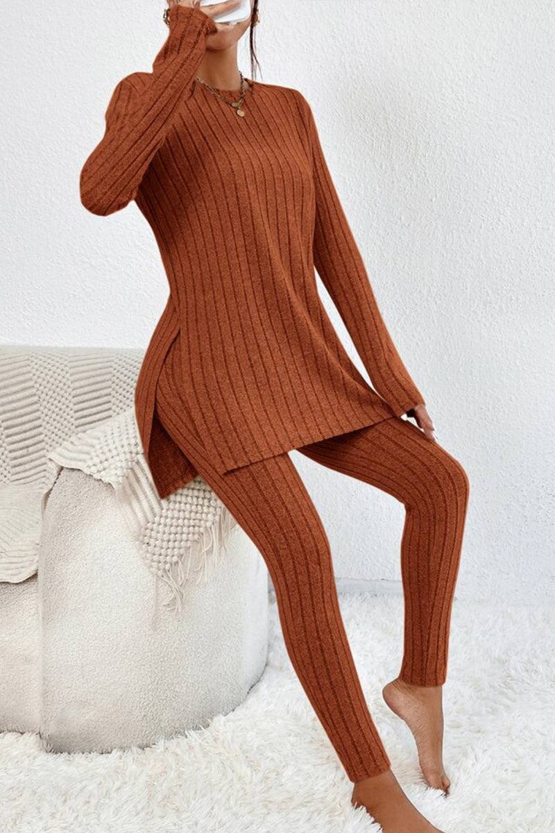 Brown Butter Touch ribbed two-piece set with long sleeves and fitted leggings for comfortable, stretchy wear