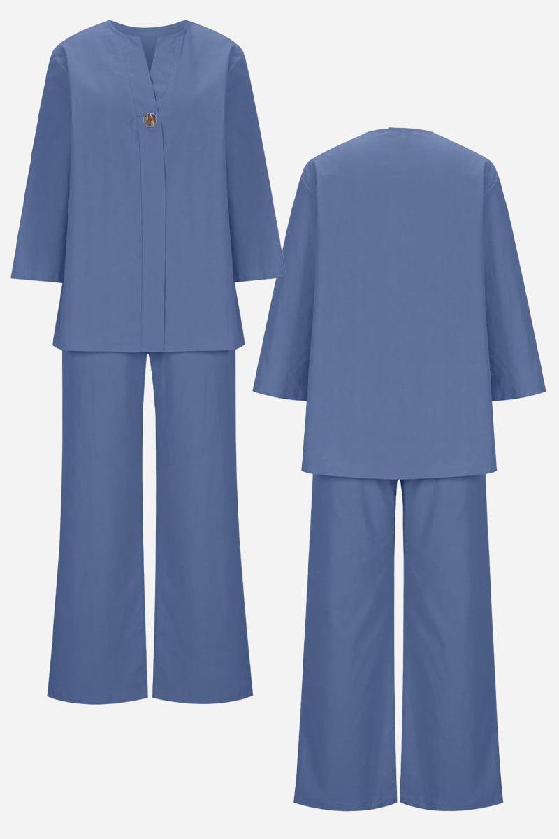 Pure linen two-piece casual comfort set in blue with one-button jacket and wide-leg pants.