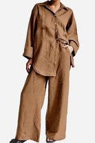 Brown relaxed fit Vacation Essentials Cotton Set with button-up shirt and wide-leg pants for comfortable travel and stylish wear.