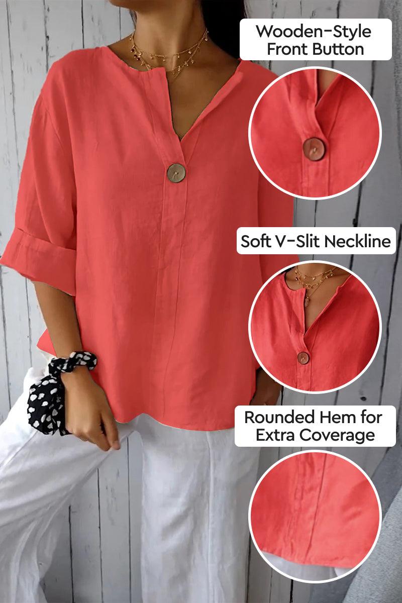 Coral pure linen age-defying shirt with wooden button, soft V-slit neckline, and rounded hem for women