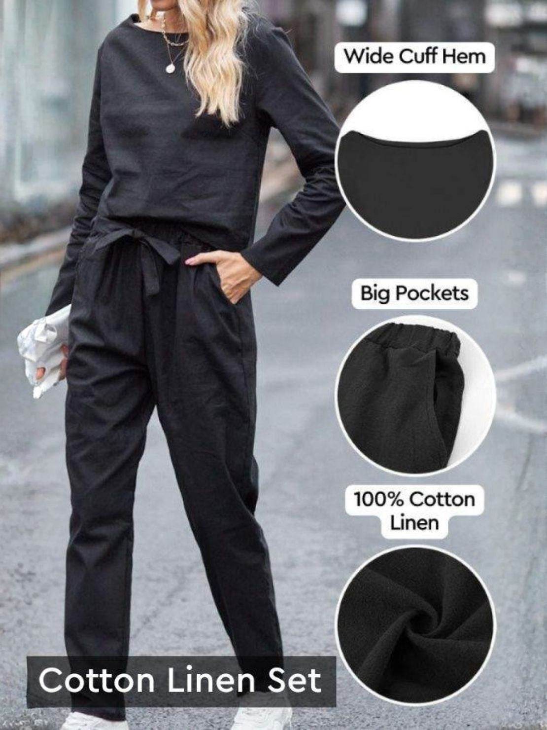 Two women wearing breathable Casual Chic Duo two-piece sets with relaxed shirts and trousers in natural fabrics, showcasing mix-and-match outfit options.