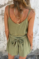 100 pure linen breathable olive green sleeveless jumpsuit with adjustable waist tie back view