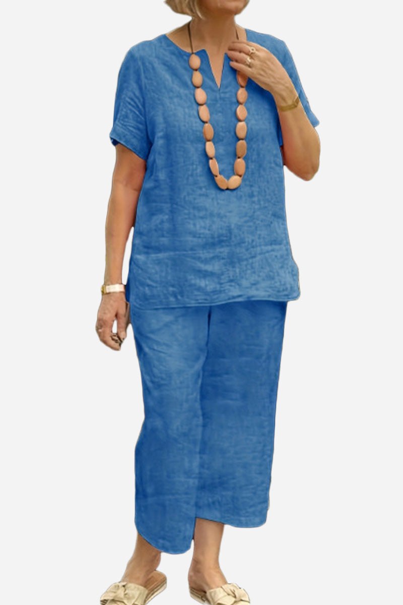 Breezy cotton blend two-piece set blue short sleeve top and elastic waist pants summer outfit