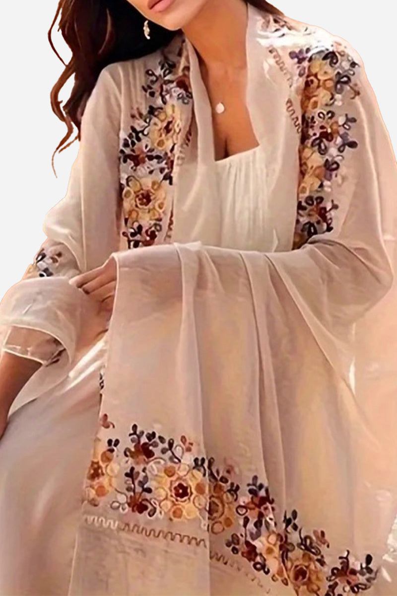 Lightweight beige embroidered travel-must shawl wrap with floral designs for versatile wear and sun protection