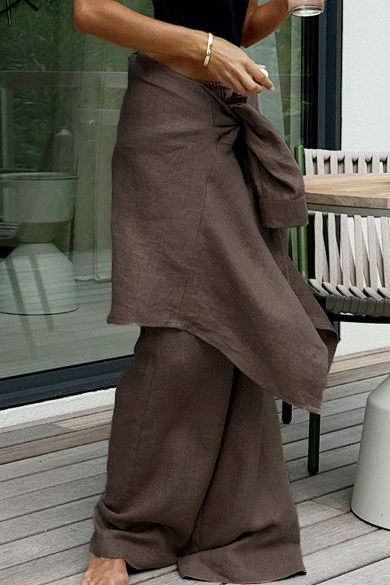 Brown 100 Cotton Wanderlust two-piece set with wrap skirt and wide-leg pants for comfortable travel style