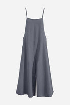Women's gray cotton blend comfort jumpsuit with wide-leg design and adjustable straps for breathable, casual style