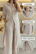 Refined Comfort beige wide-leg two-piece set with relaxed drape and V-neckline