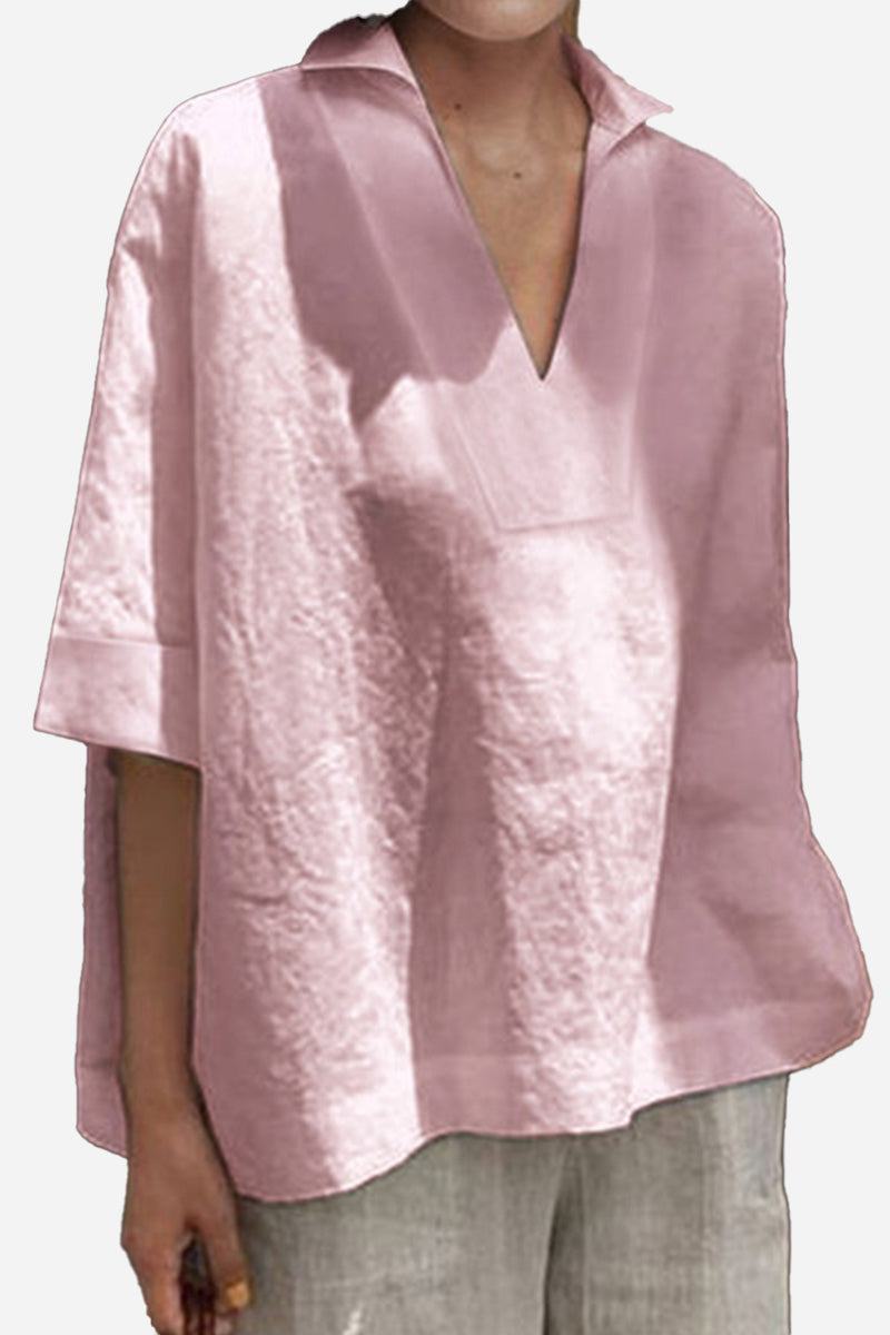 Cotton-Linen V-Neck relaxed fit breathable pink shirt for women