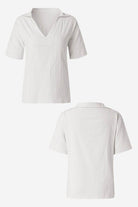 White Cotton-Linen V-Neck relaxed fit breathable shirt with short sleeves front and back view