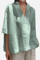 Cotton-Linen V-Neck relaxed fit breathable casual shirt in light green